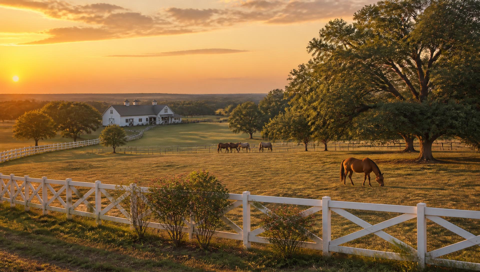 Texas ranch at sunset with white cross fencing and grazing horses